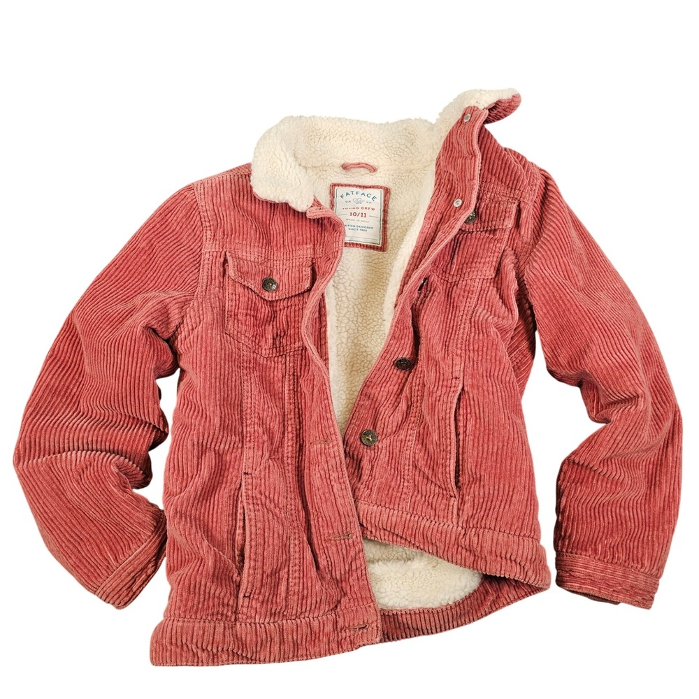 FatFace Young Crew Kids Pink Corduroy Sherpa Lined Trucker Jacket‎ Size 10/11